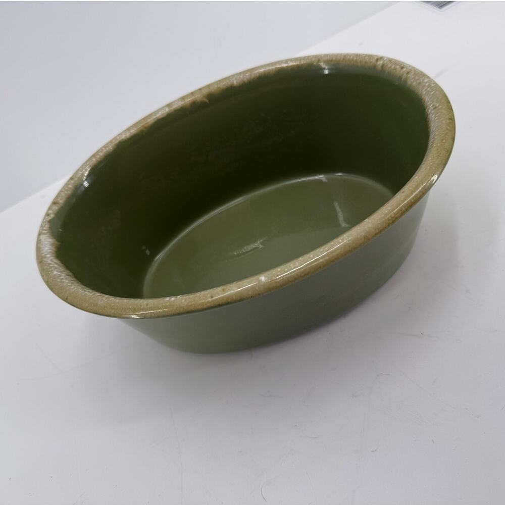 Hull Avocado Stoneware Serving Bowl Oval Drip Glaze Vintage Pottery 9 Inch
